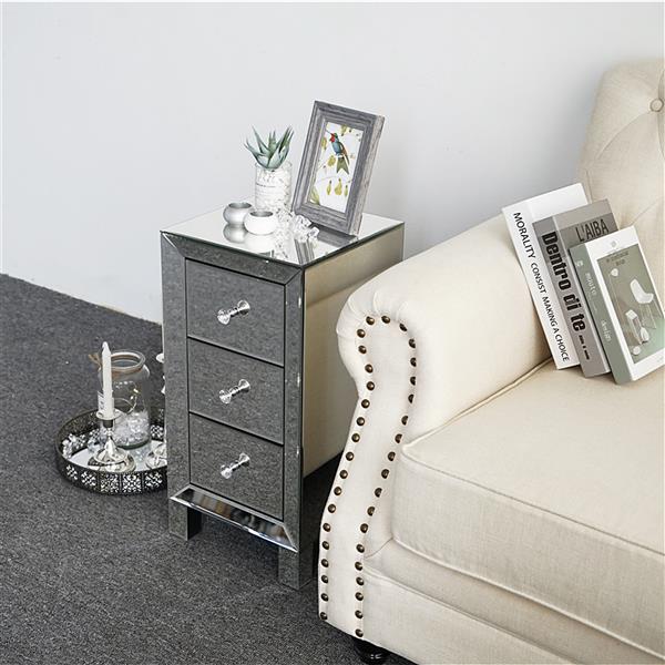 Mirrored 3 Drawer Bedside Table – Modern Glass Nightstand with Crystal Knobs 60cm