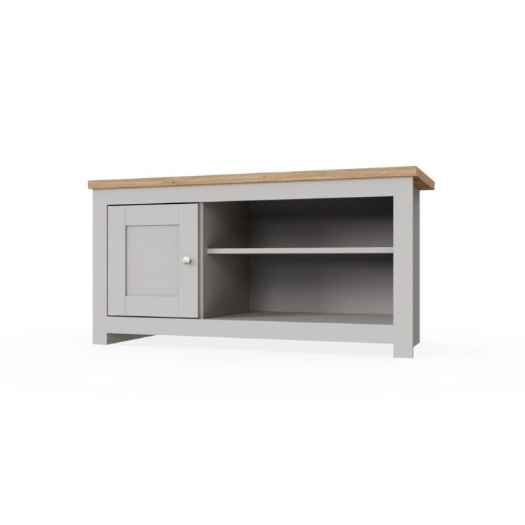 TV Stand Cabinet Unit – Modern TV Unit with 1 Door and Open Shelf in Light Grey with Cascading Oak Top