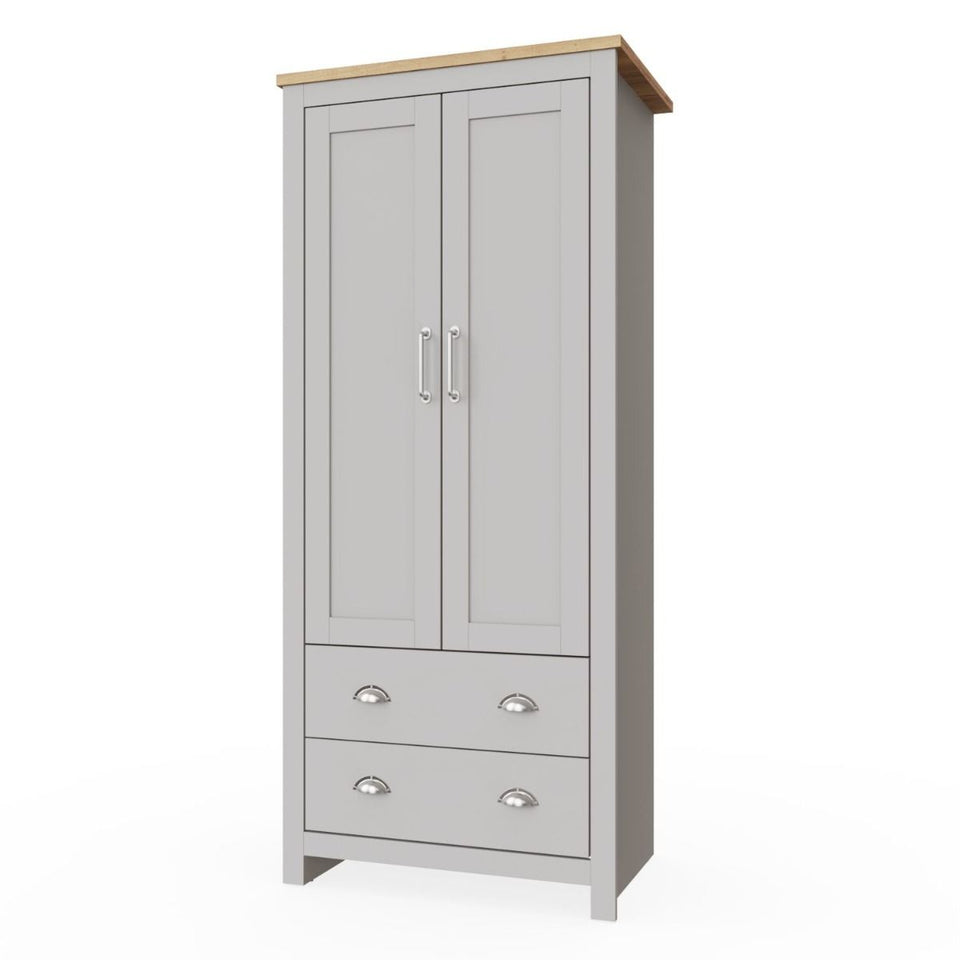 2 Door Wardrobe Light Grey & Oak with Rail & Drawers – Ite Bedroom Storage