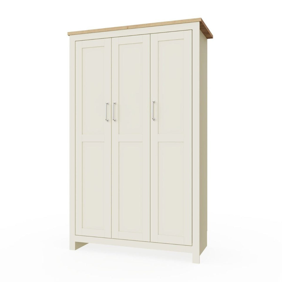 Ite 3 Door Wardrobe with Hanging Rail, Shelving, and Storage Drawers – Cream & Oak Effect