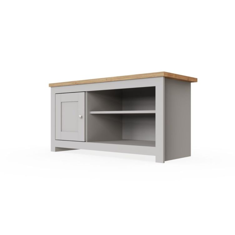 TV Stand Cabinet Unit – Modern TV Unit with 1 Door and Open Shelf in Light Grey with Cascading Oak Top