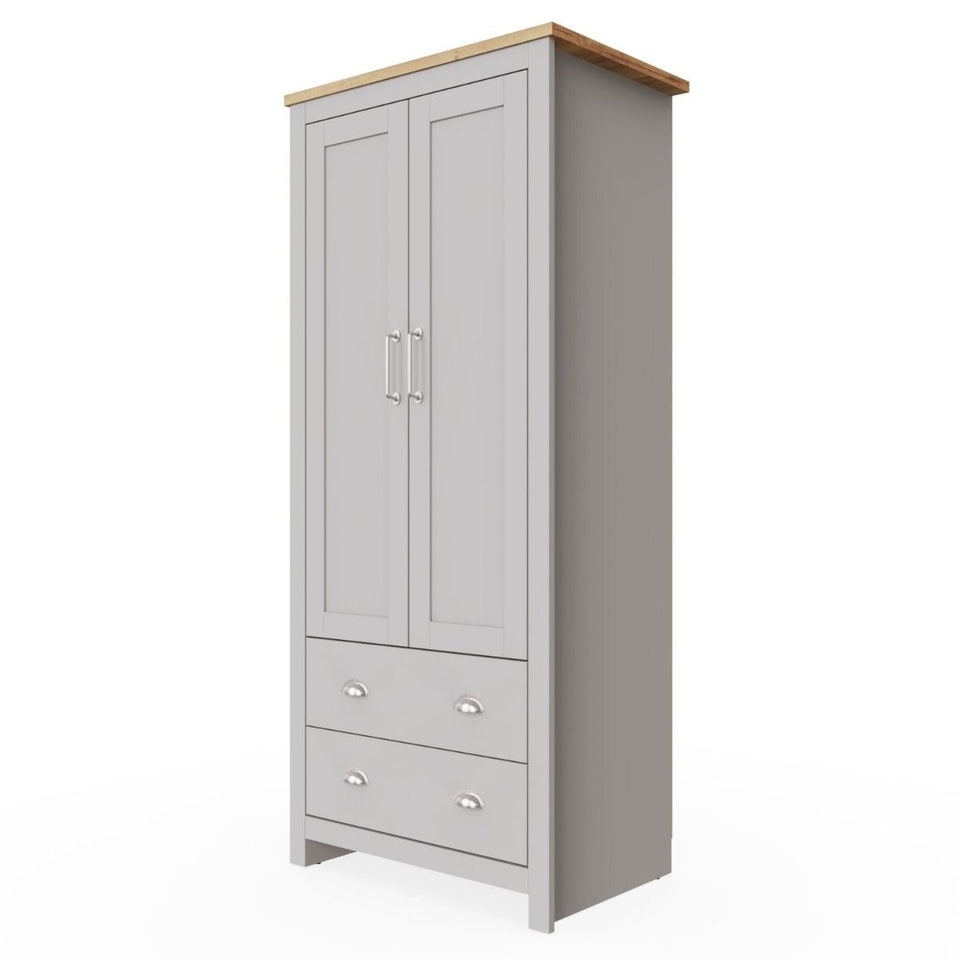 2 Door Wardrobe Light Grey & Oak with Rail & Drawers – Ite Bedroom Storage