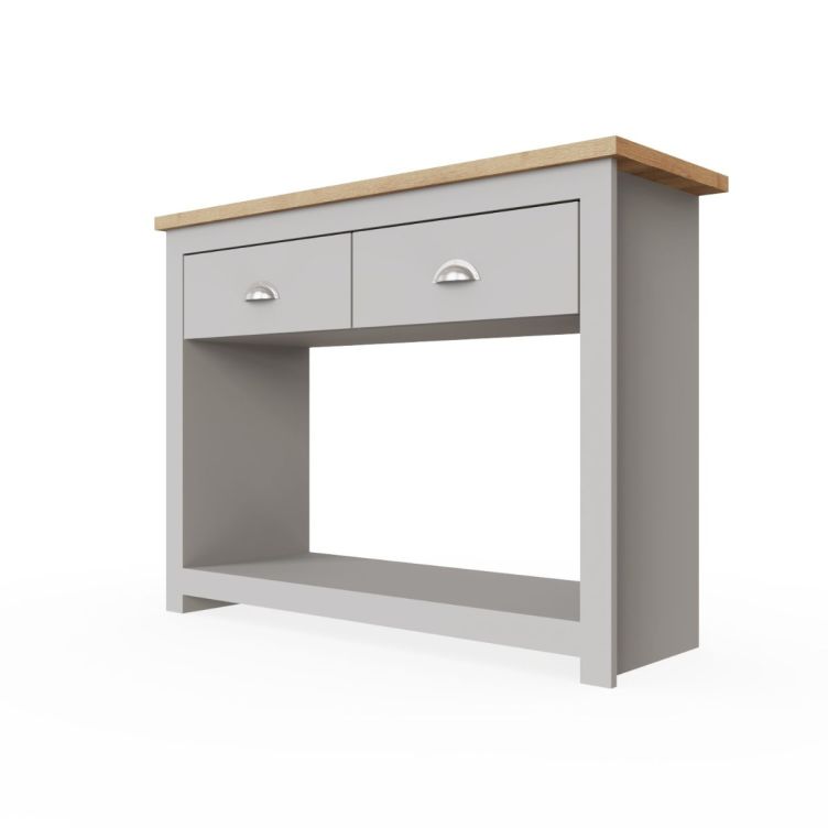 Console Table Sideboard Cabinet with Storage – 2 Solid Drawers and Door Unit in Light Grey with Oak Effect Top for Living and Dining Room Furniture