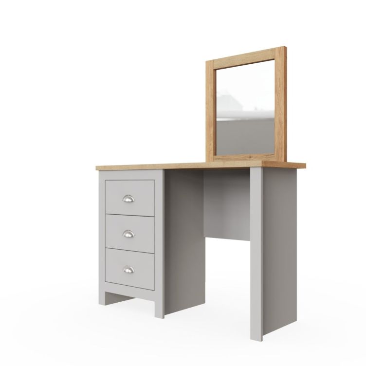 Dressing Table with 3 Drawers Makeup Desk Vanity Table in Light Grey with Cascading Oak Top