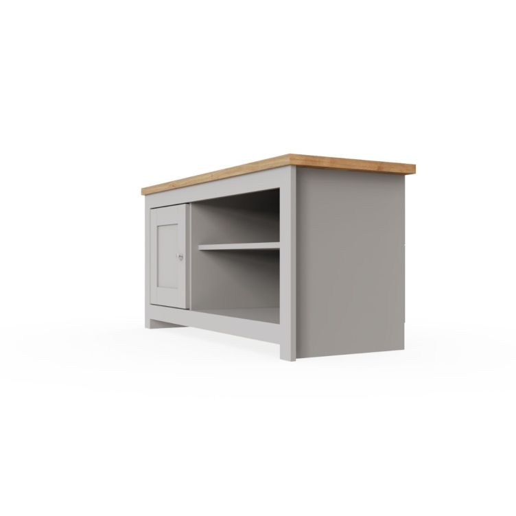 TV Stand Cabinet Unit – Modern TV Unit with 1 Door and Open Shelf in Light Grey with Cascading Oak Top