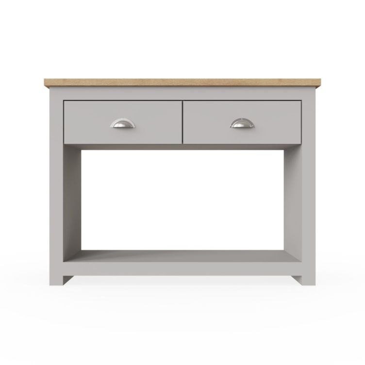 Console Table Sideboard Cabinet with Storage – 2 Solid Drawers and Door Unit in Light Grey with Oak Effect Top for Living and Dining Room Furniture