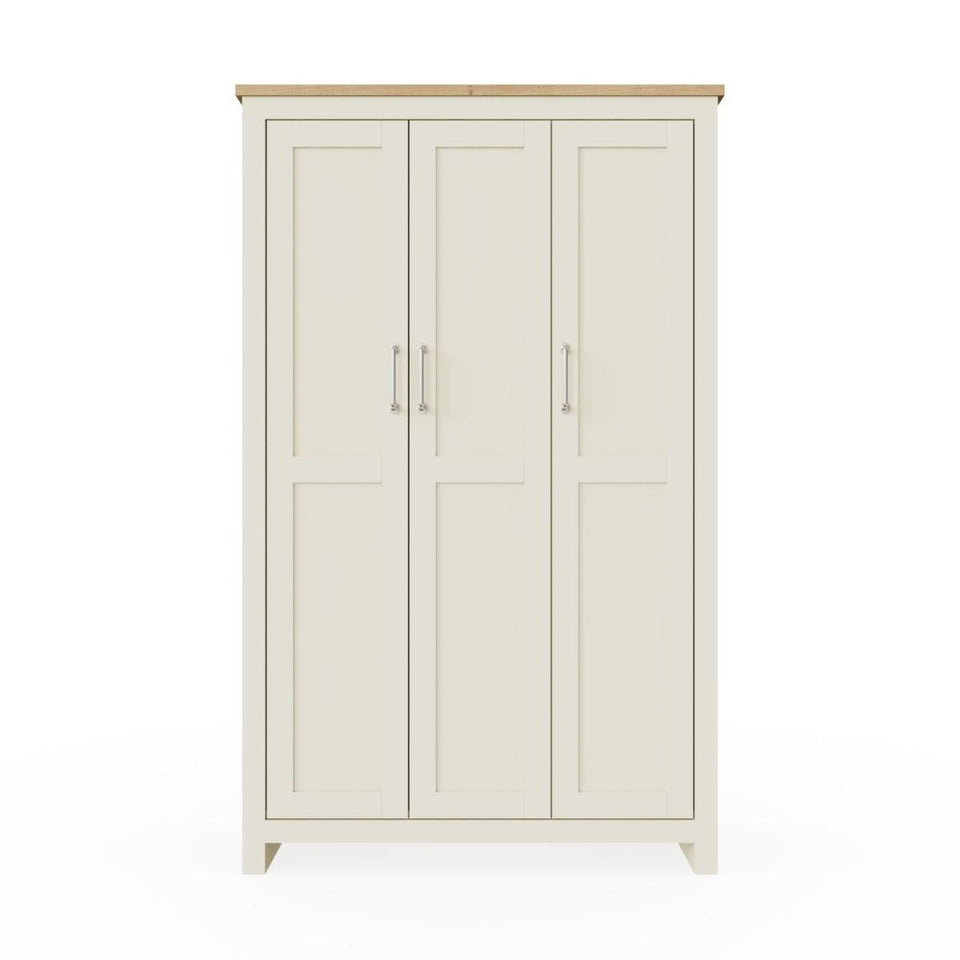 Ite 3 Door Wardrobe with Hanging Rail, Shelving, and Storage Drawers – Cream & Oak Effect