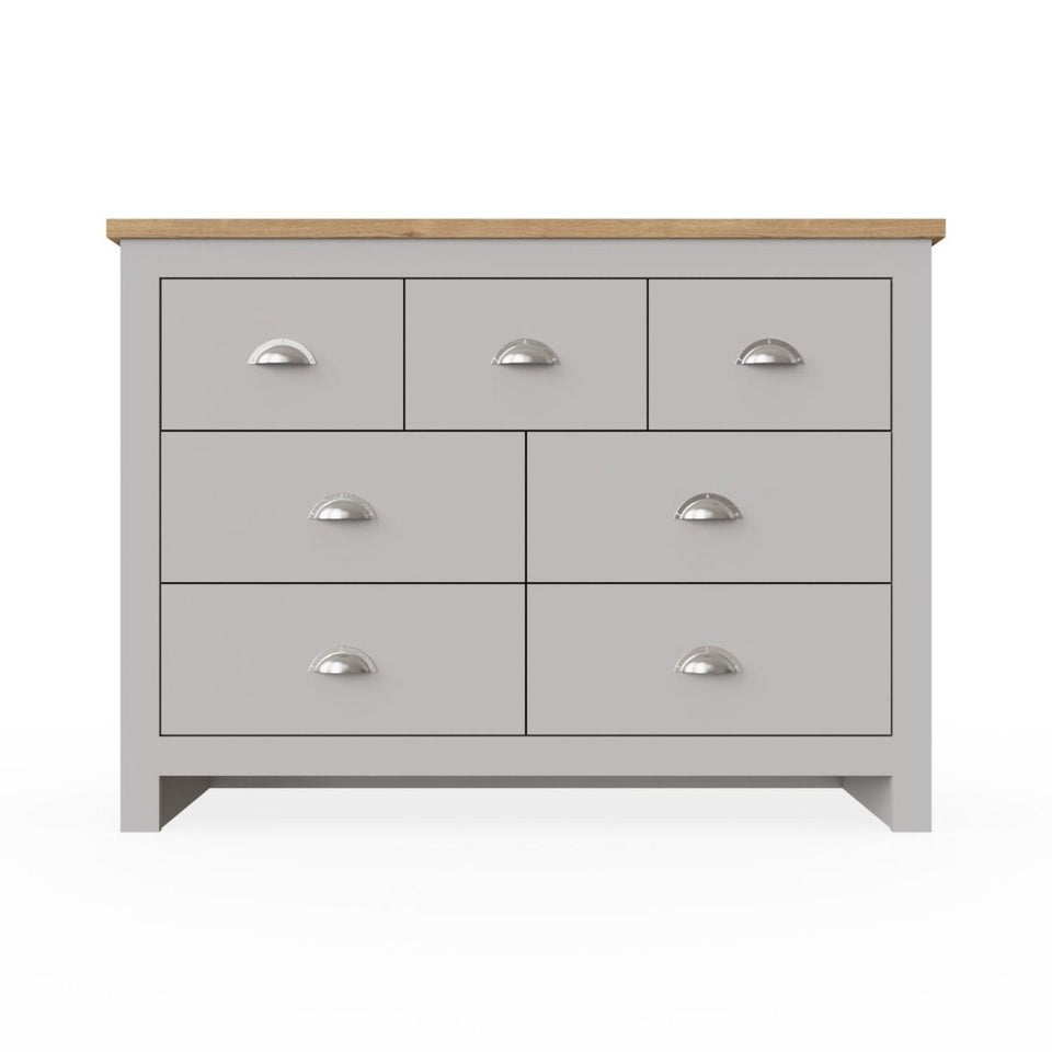 7 Drawer Chest of Drawers Stylish Bedroom Furniture Cabinet in Light Grey with Oak Top Storage Solution for Bedroom and Living Spaces