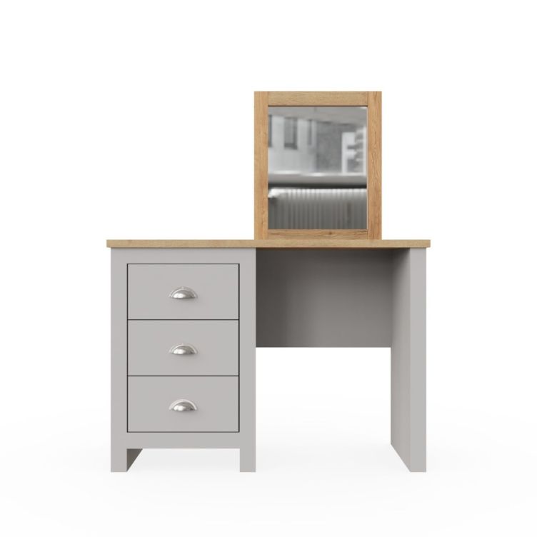Dressing Table with 3 Drawers Makeup Desk Vanity Table in Light Grey with Cascading Oak Top