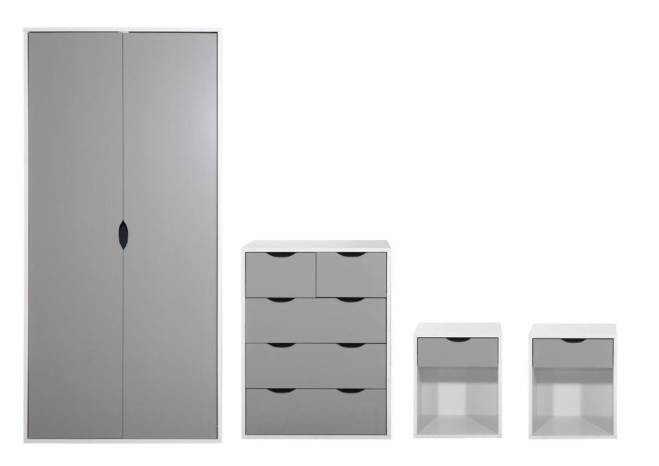 4 Piece Bedroom Set 3+2 Wardrobe Storage Hanging Door Cupboard With Shelving Drawer- White and Grey