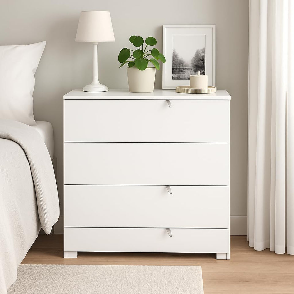 Lavish Kitchen Isle Arctic Elegance white high gloss narrow chest of drawers with 4 storage drawers for bedroom organization.