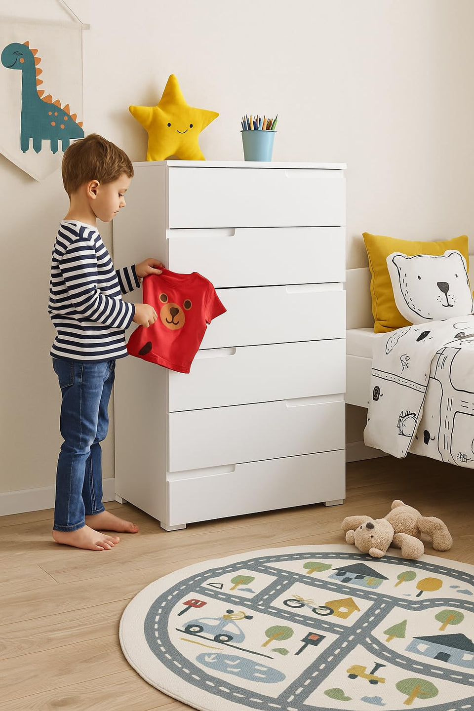 Arctic Elegance 6 Drawers Modern White High Gloss Tall Chest of Drawers 65cm Wide Bedroom Storage Unit