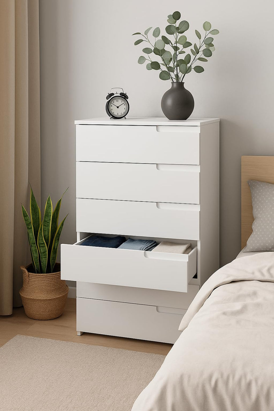 Arctic Elegance 6 Drawers Modern White High Gloss Tall Chest of Drawers 65cm Wide Bedroom Storage Unit