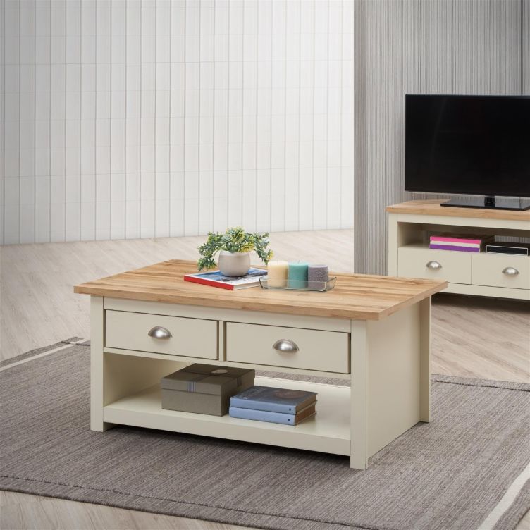 Ite 3 Piece Living Room Set 2 Door TV Unit, 1 Door Sideboard, 2 Drawer Coffee Table - Cream & Oak Effect