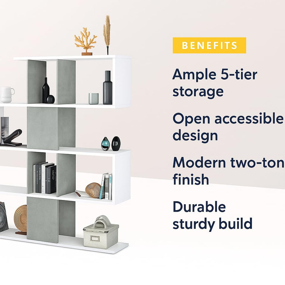 SHA 5-Tier Bookcase – Arctic White & Grey Shelving Storage Unit, 10 Cubes