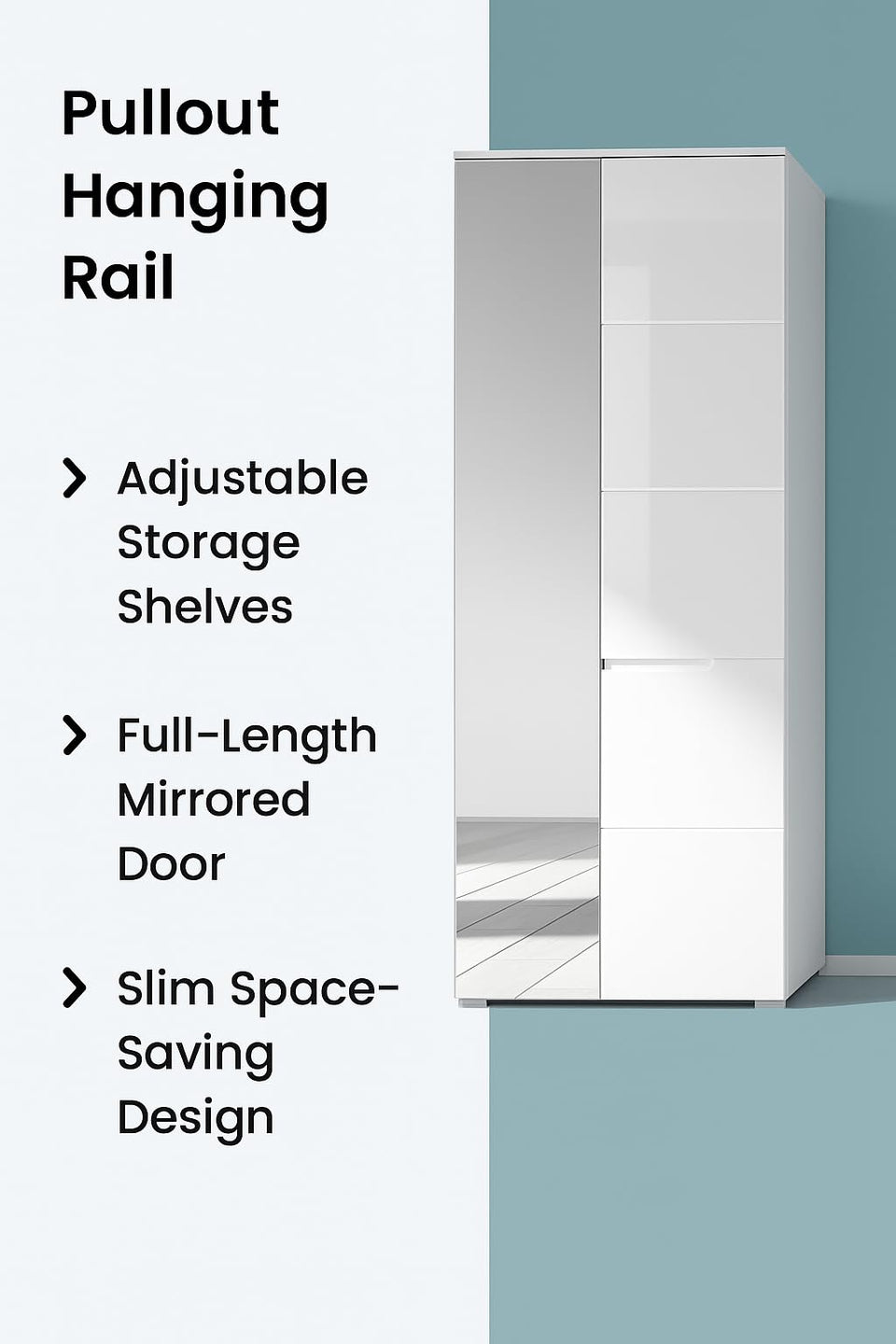 Arctic Elegance Sleek White Gloss Wardrobe with Mirrored Door, Pullout Hanging Rail, and Shelves – Slim Storage Cupboard with Drawers