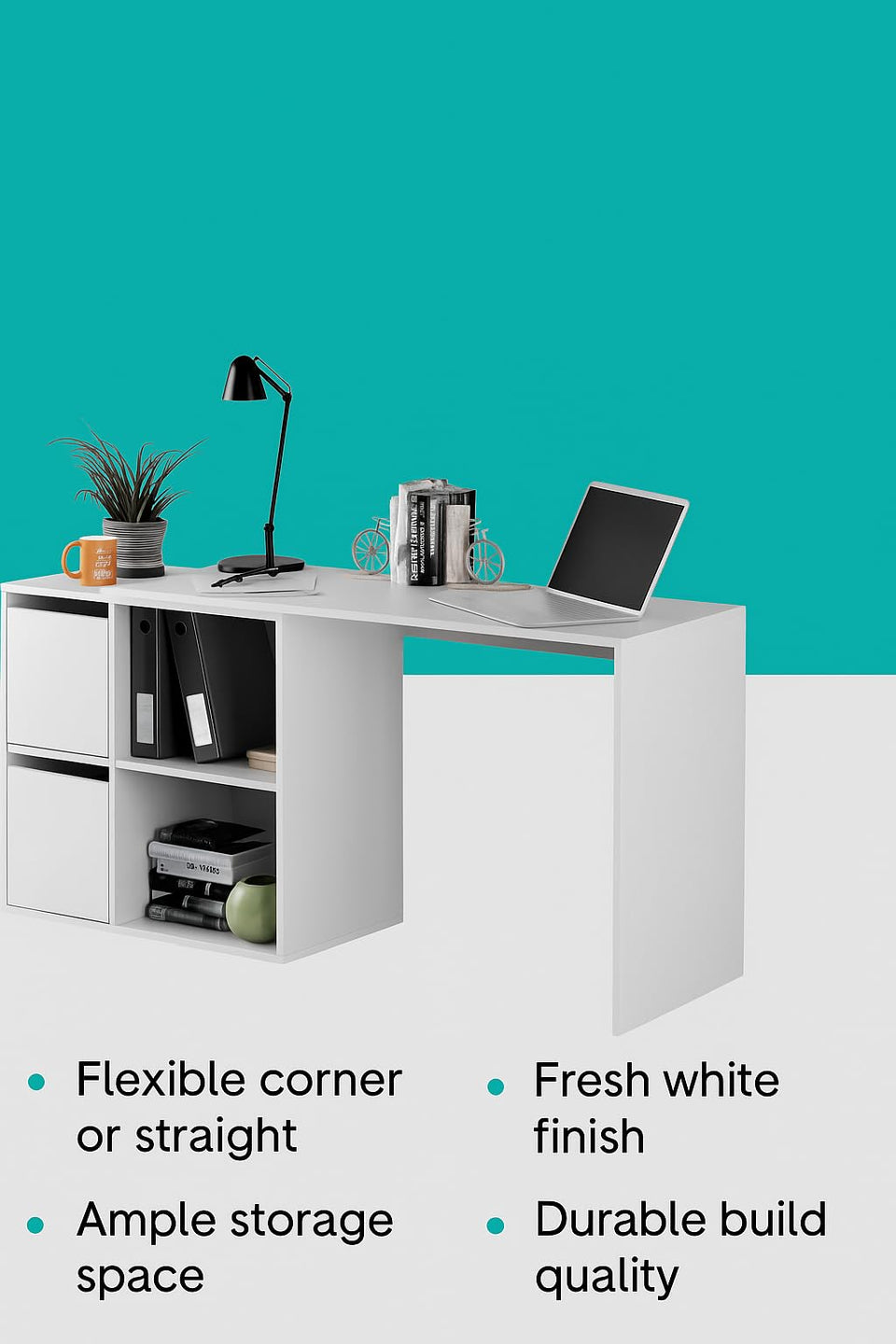 Lavish Kitchen Isle Drift White Reversible Desk with storage cupboards, ideal for home office use, showcasing a sleek, functional workspace.