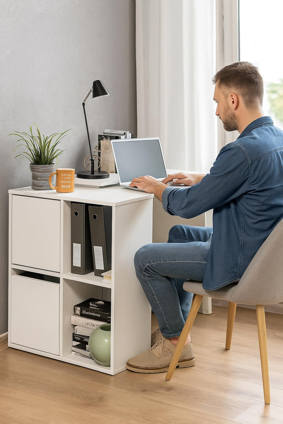 Lavish Kitchen Isle Drift White Reversible Desk with storage cupboards, home office table, and versatile design for workspace organization.