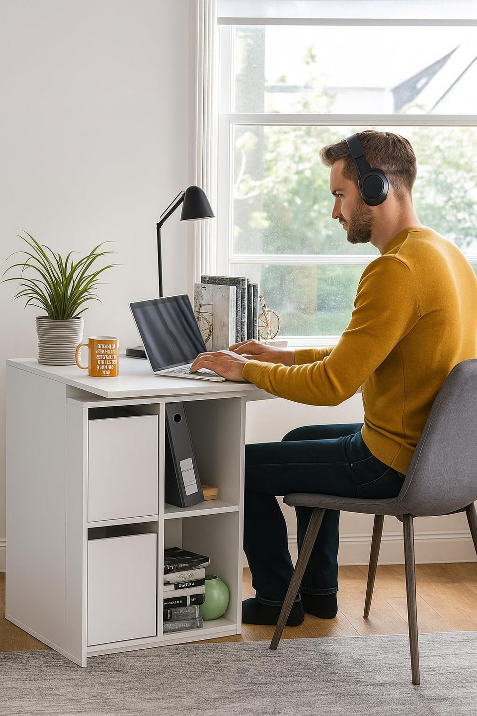Reversible white home office desk with storage and cupboards by Lavish Kitchen Isle, featuring a sleek modern design and functional workspace.