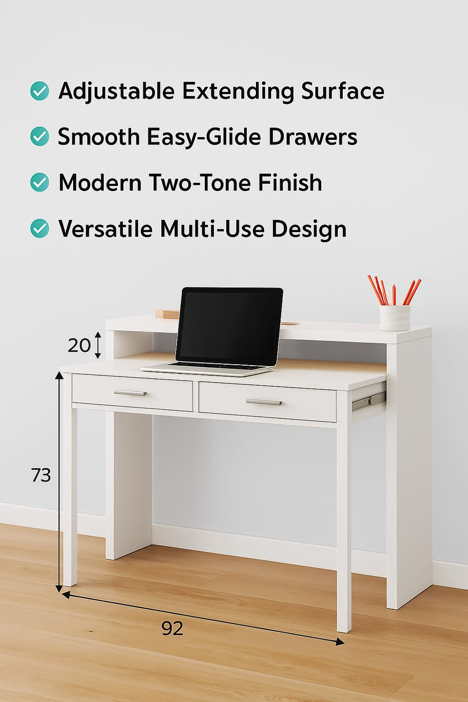 Omomy Arctic White and Oak effect extending desk with sleek surface, suitable for home, study, or office use.
