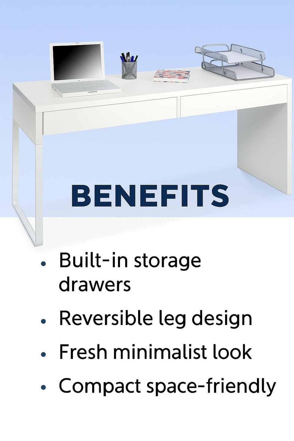 Lavish Kitchen Isle Velora Arctic White home office desk with drawers, reversible legs, and built-in storage for workspace organization