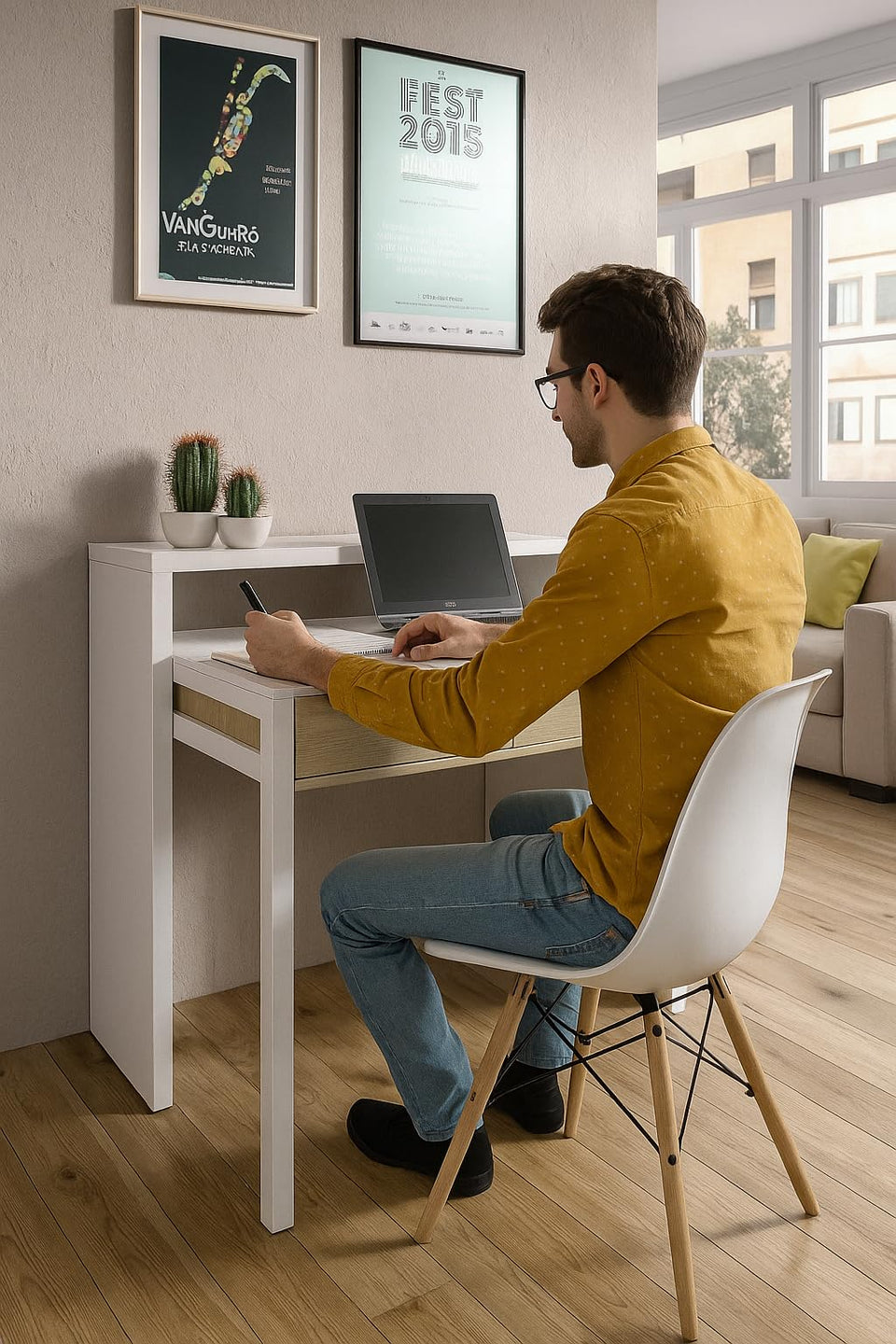 Omomy Arctic white and oak effect extending desk with a sleek home office or dressing table design, ideal for study or computer use.