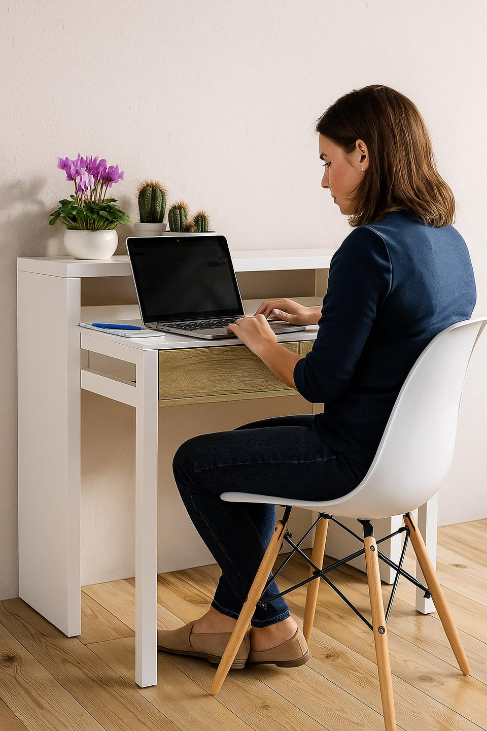 Omomy Arctic White and Oak effect extending desk or console table with modern design, suitable for study, office, or home use.