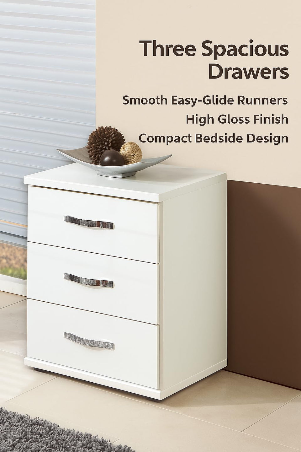 White Gloss 3 Drawer Bedside Cabinet – Modern Bedroom Storage Unit