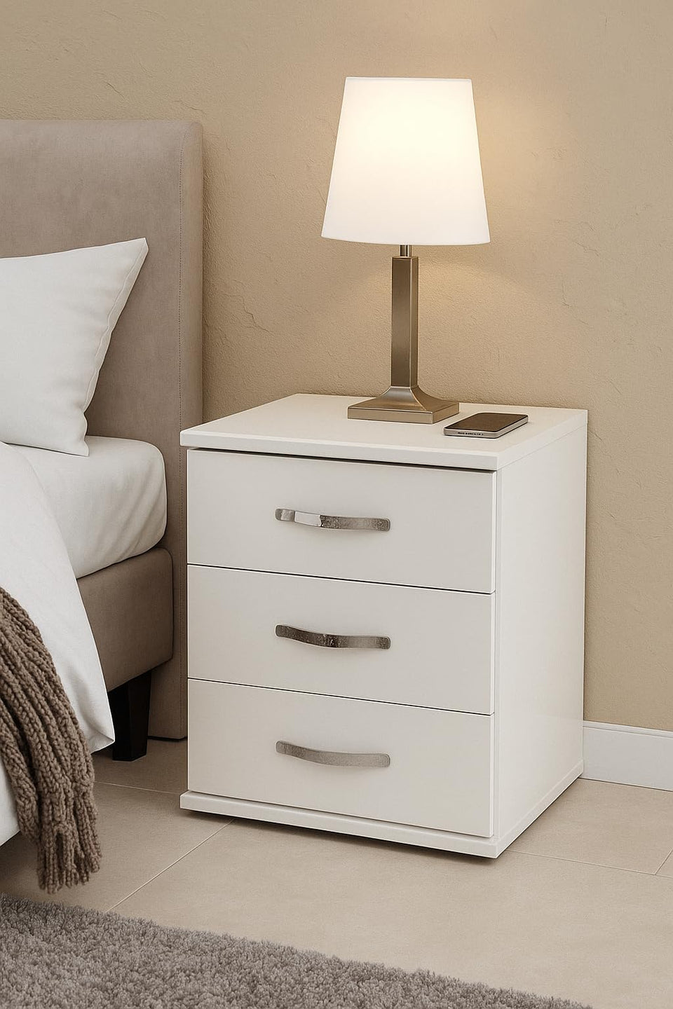 White Gloss 3 Drawer Bedside Cabinet – Modern Bedroom Storage Unit