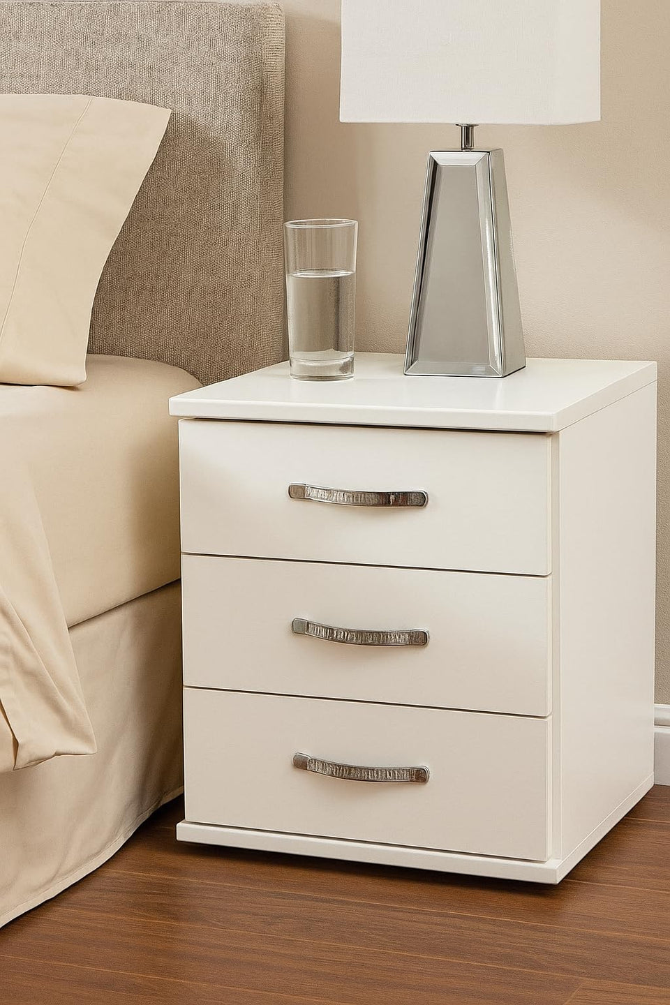 White Gloss 3 Drawer Bedside Cabinet – Modern Bedroom Storage Unit