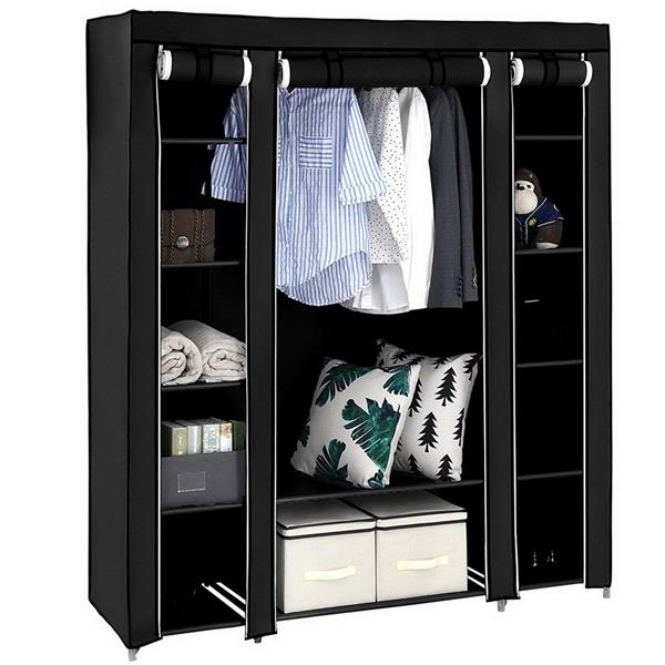 69" Portable Clothes Closet Wardrobe Storage Organizer with Non-Woven Fabric Grey and Black