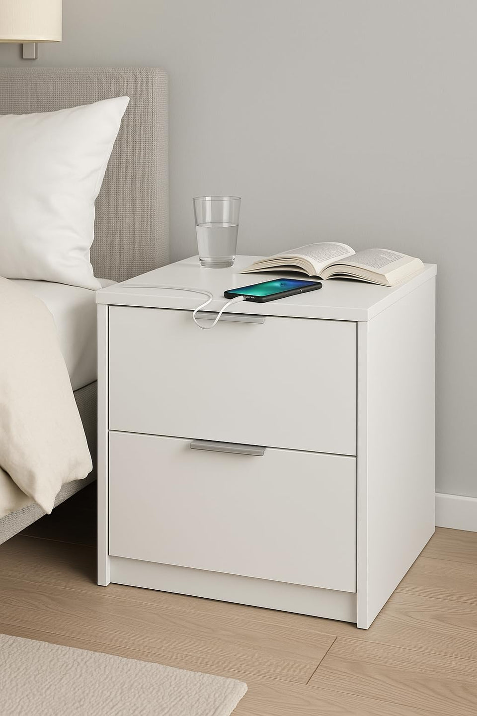 Contemporary White Bedside Table with Two Drawers – Compact 38 cm Design