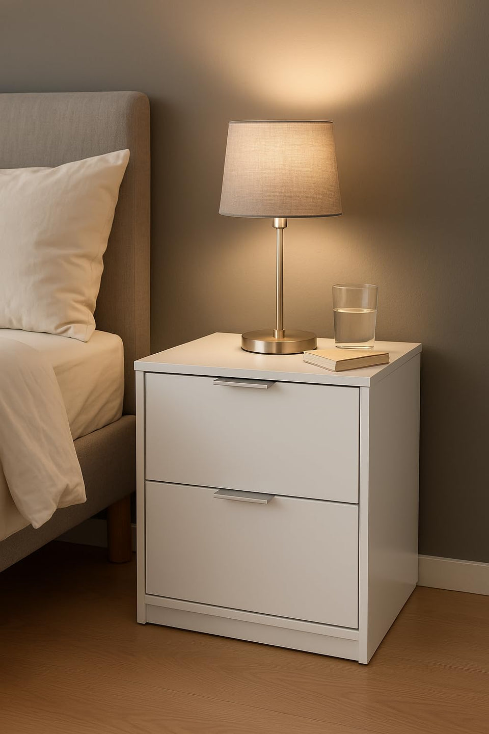 Contemporary white bedside table with two drawers, compact 38 cm design by Lavish Kitchen Isle, perfect for modern bedroom decor.