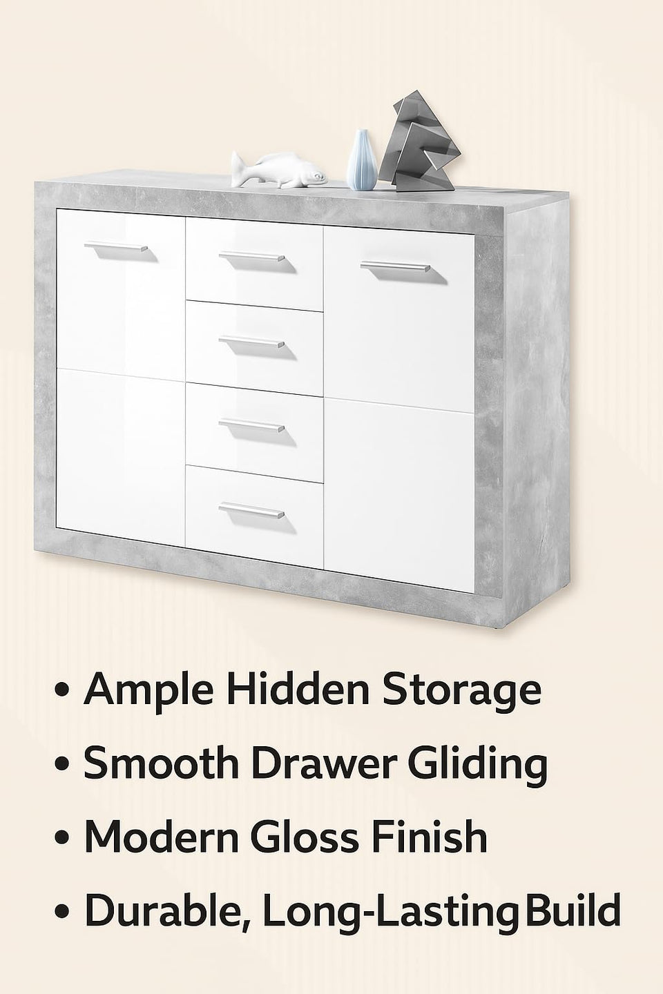 Cosmo Sideboard Grey and White Gloss with 2 doors 4 Drawers - Lavish Kitchen Isle