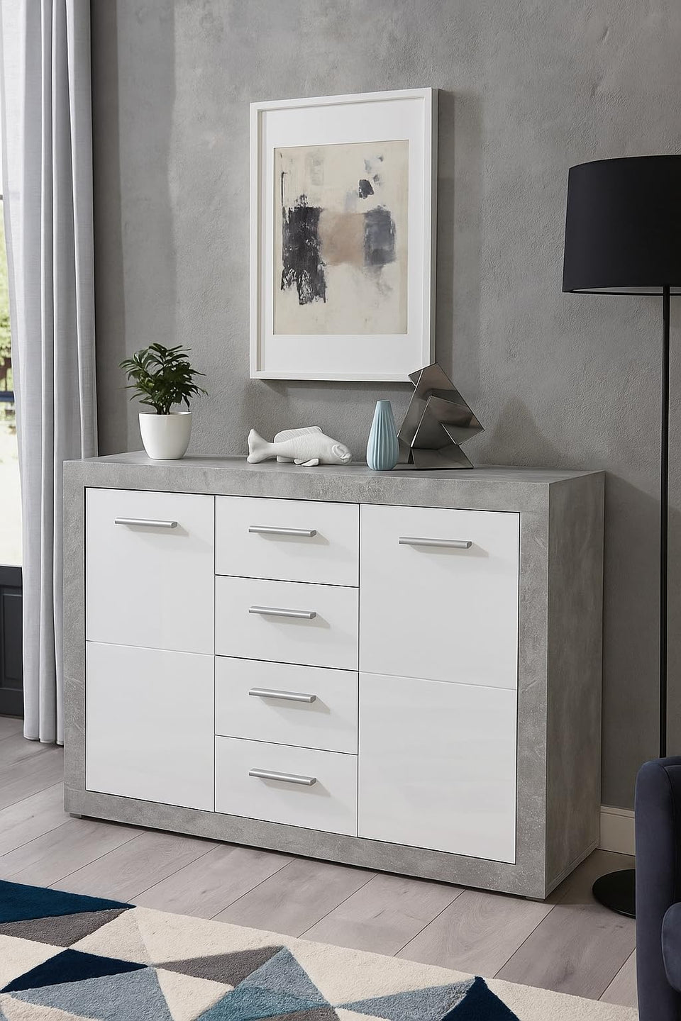Cosmo Sideboard Grey and White Gloss with 2 doors 4 Drawers - Lavish Kitchen Isle