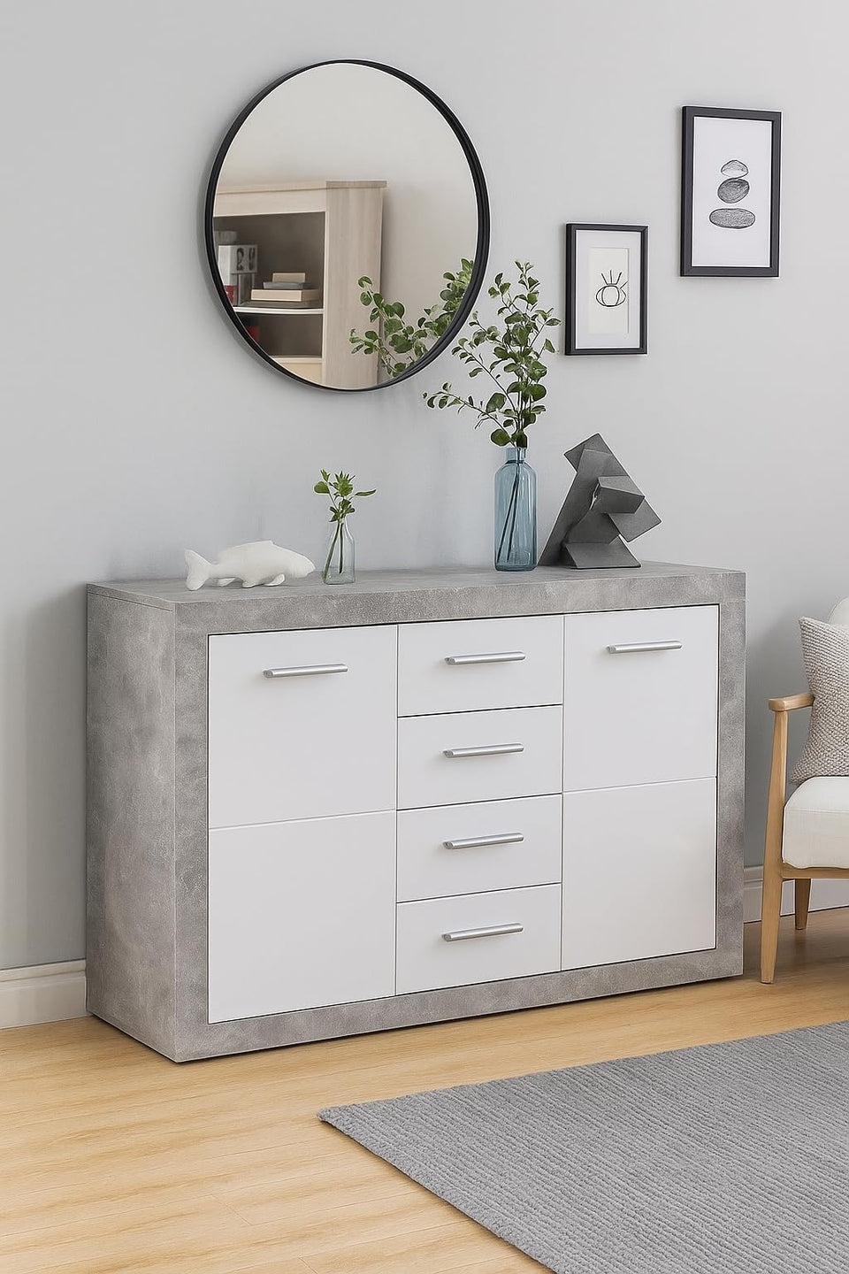 Cosmo Sideboard Grey and White Gloss with 2 doors 4 Drawers - Lavish Kitchen Isle