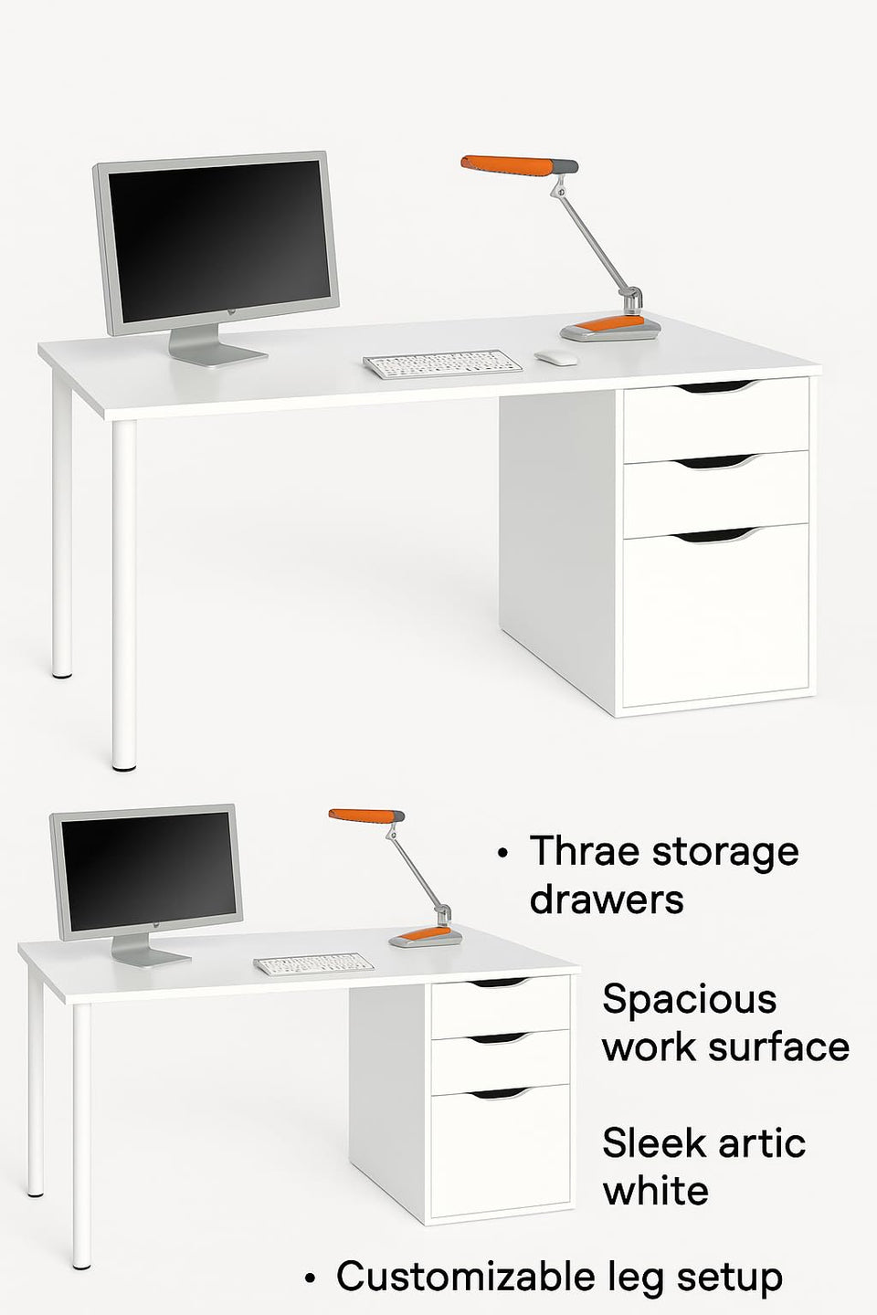 Lavish Kitchen Isle Vespera Arctic White desk with 3 drawers, modern study table and workspace for laptops and office tasks.