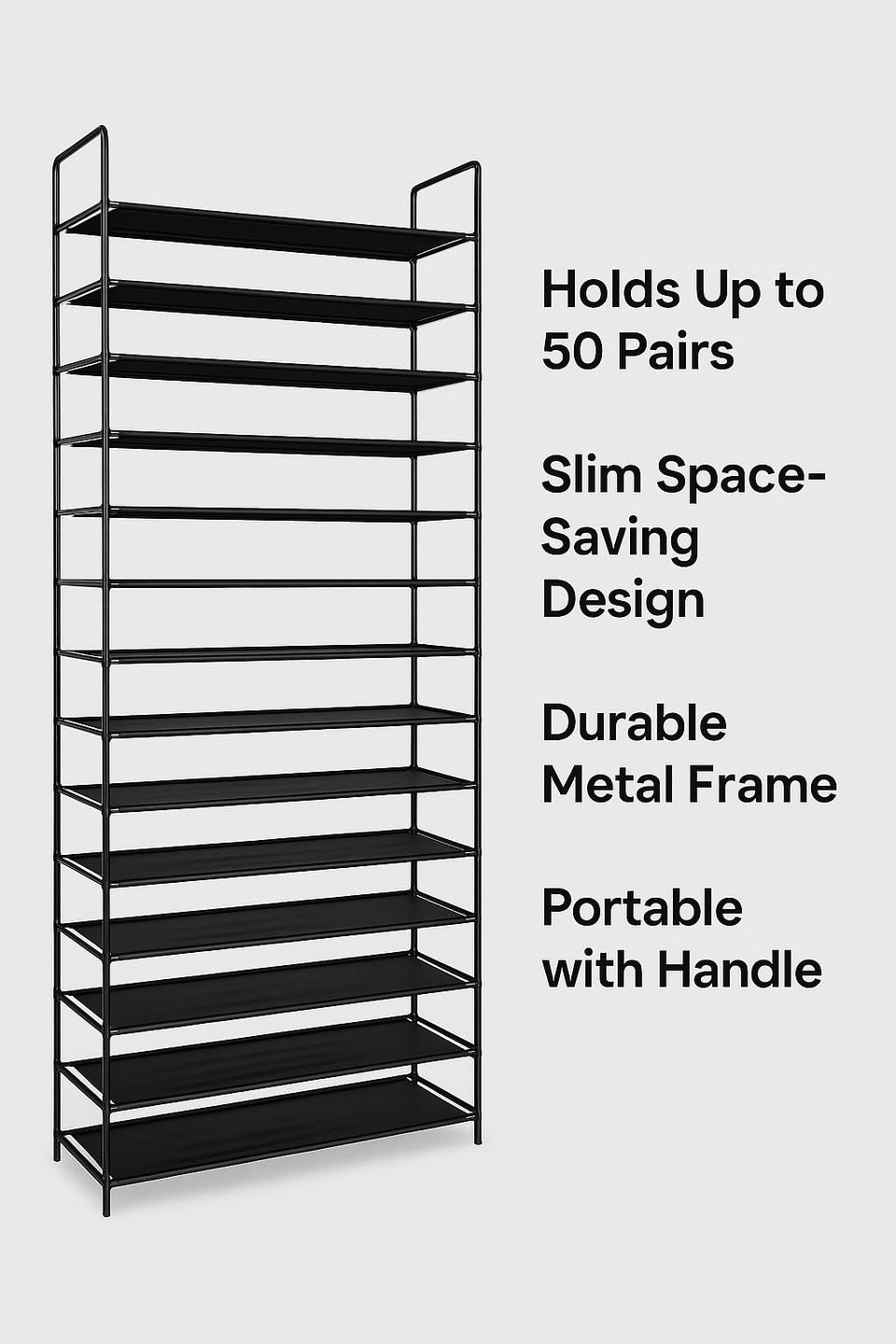 Simple Assembly 10 Tiers Non-woven Fabric Shoe Rack with Handle Black