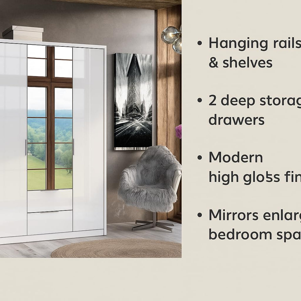 White High Gloss 4 Door 2 Drawer Mirrored Wardrobe – Modern Bedroom Storage with Shelves & Rails