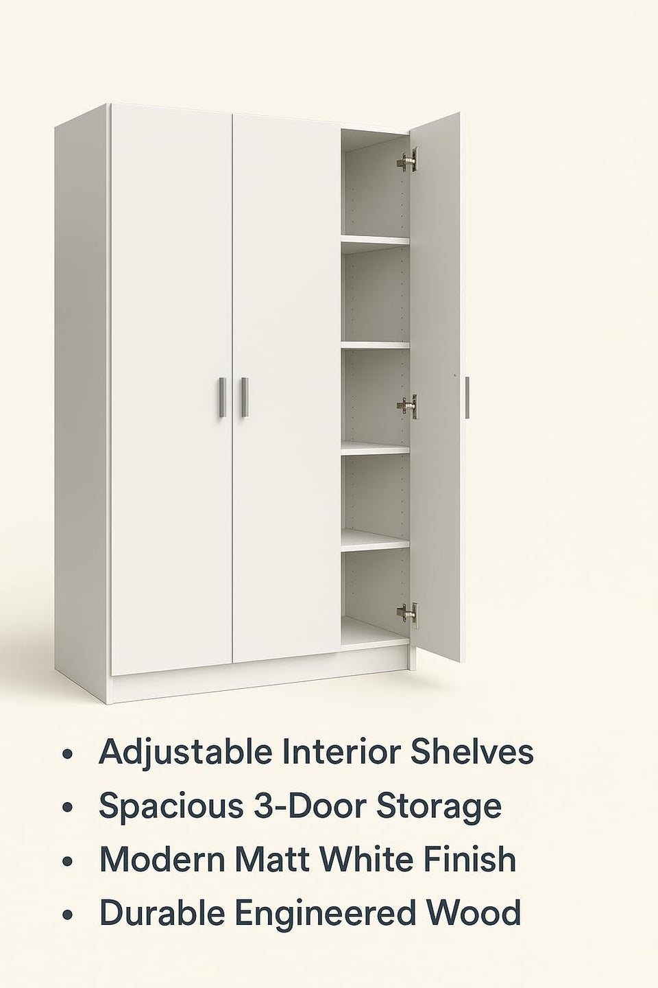 White Wide Storage Cupboard – 3 Door Tall Cabinet with Adjustable Shelves (180cm)
