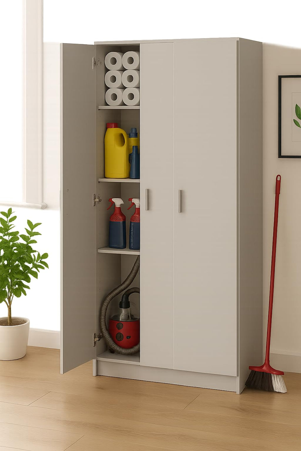 White Wide Storage Cupboard – 3 Door Tall Cabinet with Adjustable Shelves (180cm)