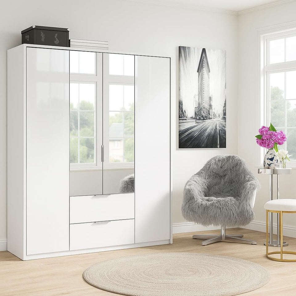 White High Gloss 4 Door 2 Drawer Mirrored Wardrobe – Modern Bedroom Storage with Shelves & Rails