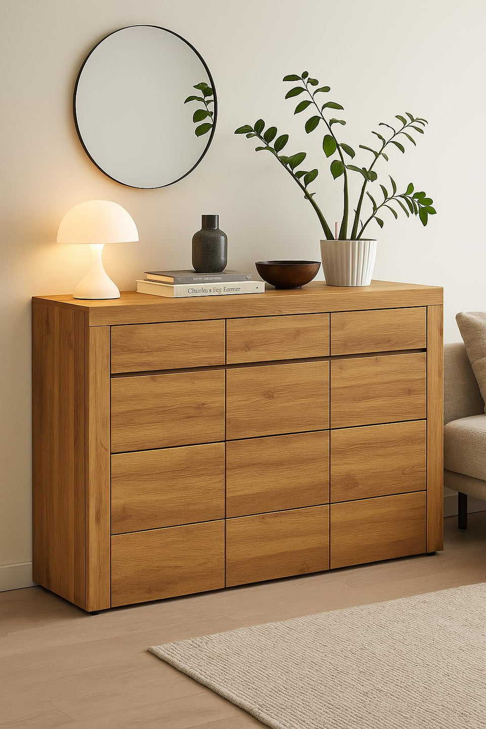 Erenity Large Oak Effect 3 Drawer Sideboard