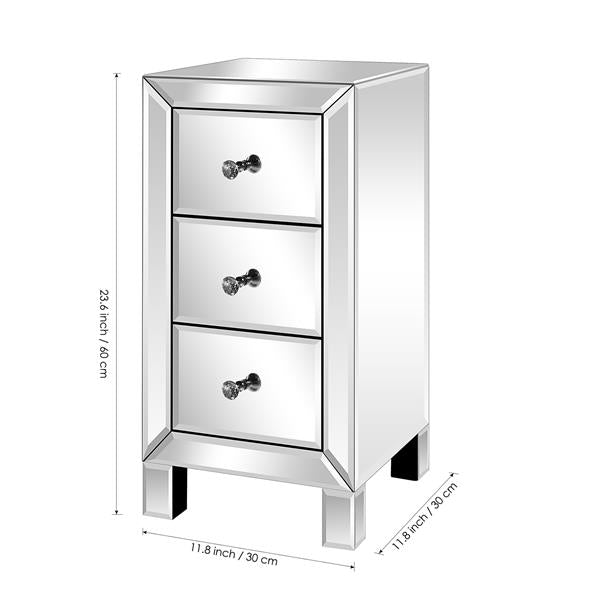 Mirrored 3 Drawer Bedside Table – Modern Glass Nightstand with Crystal Knobs 60cm