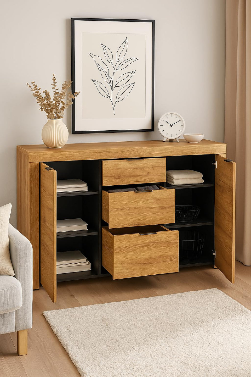 Erenity Large Oak Effect 3 Drawer Sideboard
