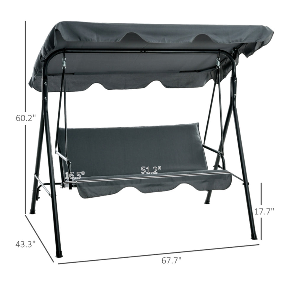 Lavish Kitchen Isle 3-seat adjustable outdoor patio swing chair in grey with cushions and anti-slip foot pads, suitable for outdoor relaxation.