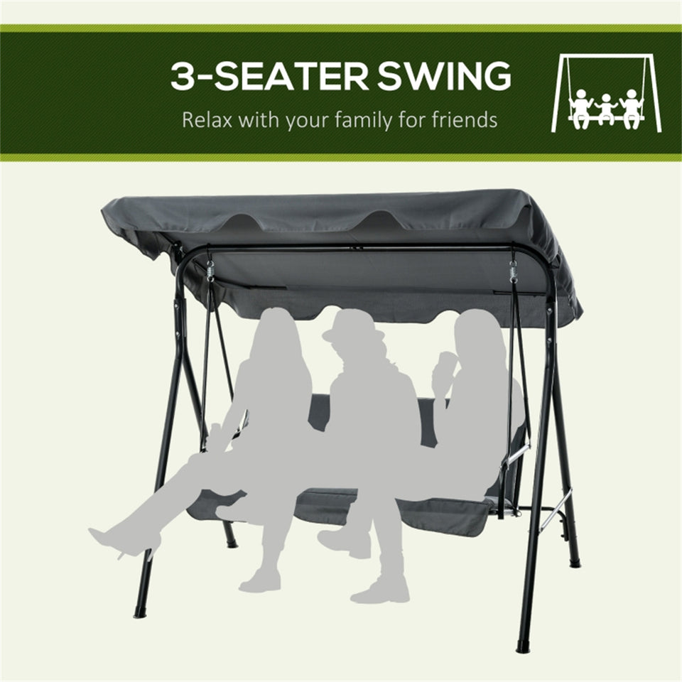 Grey 3-seat outdoor patio swing chair with adjustable canopy, cushions, and anti-slip foot pads by Lavish Kitchen Isle.
