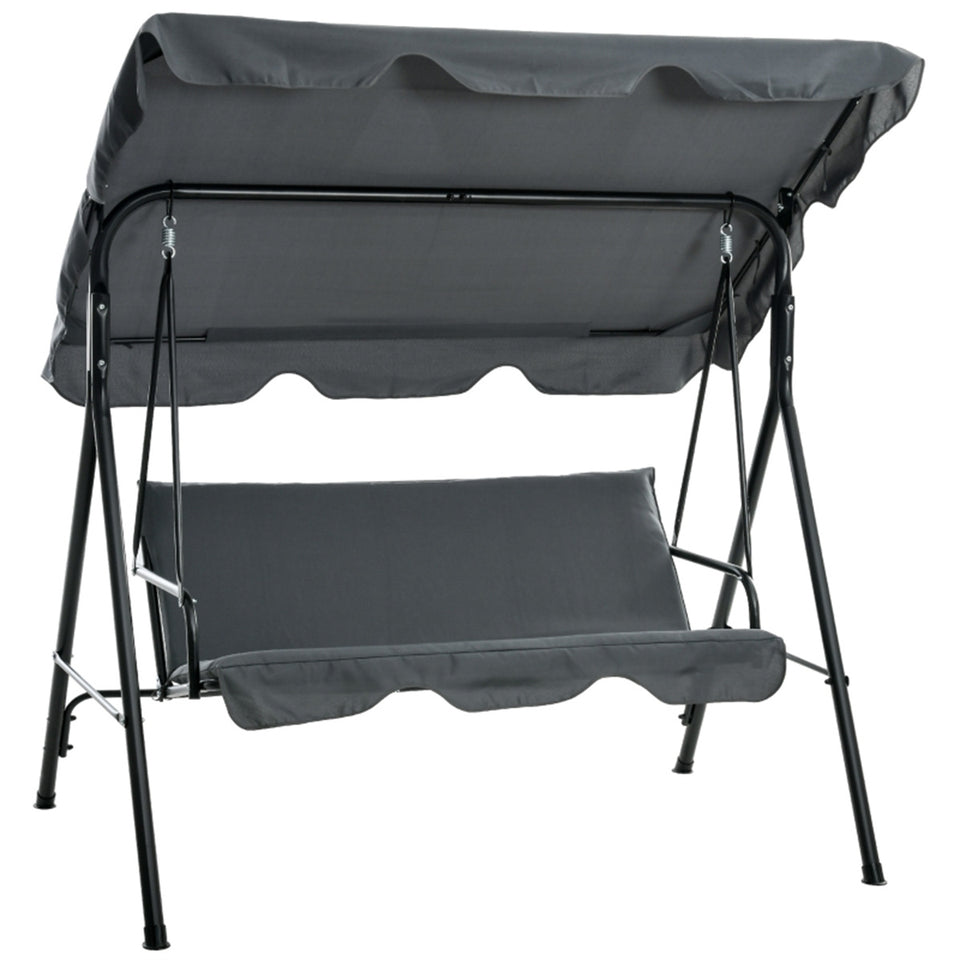 Grey 3-seat outdoor patio swing chair with adjustable canopy, cushions, and anti-slip foot pads, by Lavish Kitchen Isle.