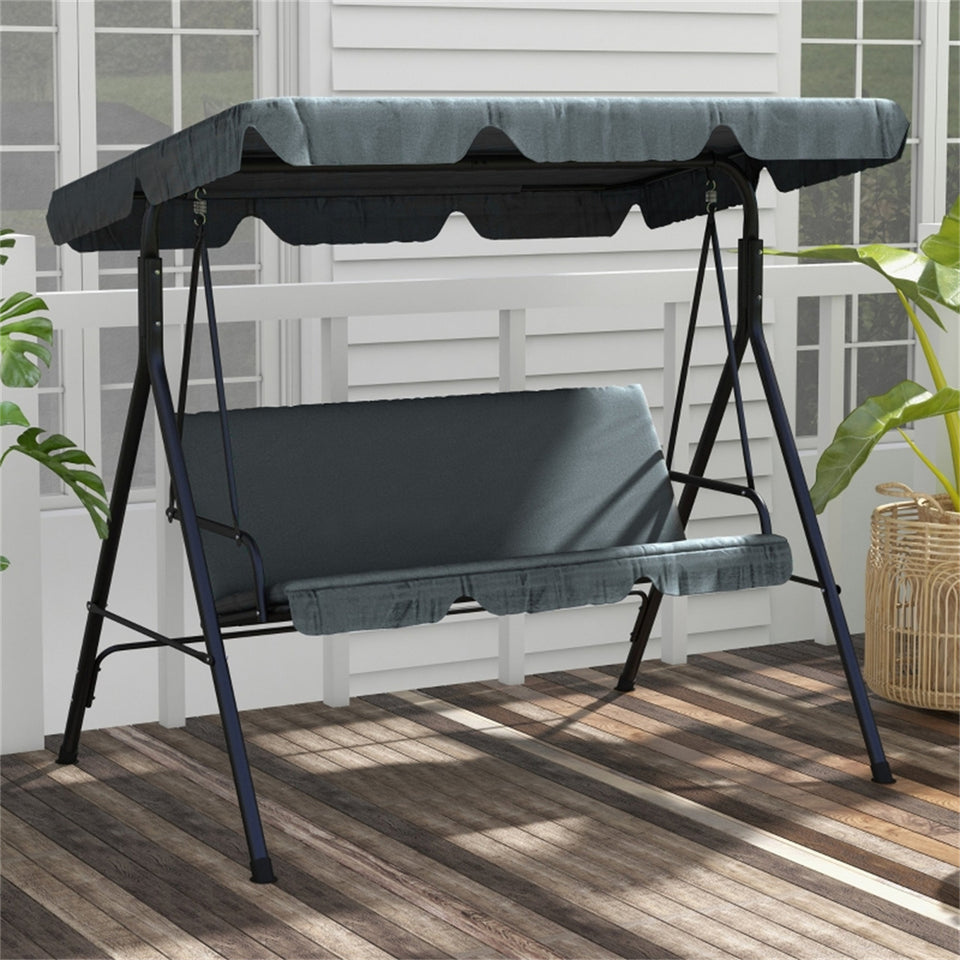 Lavish Kitchen Isle 3-seat outdoor patio swing chair with adjustable canopy, cushions, grey fabric, and anti-slip foot pads.