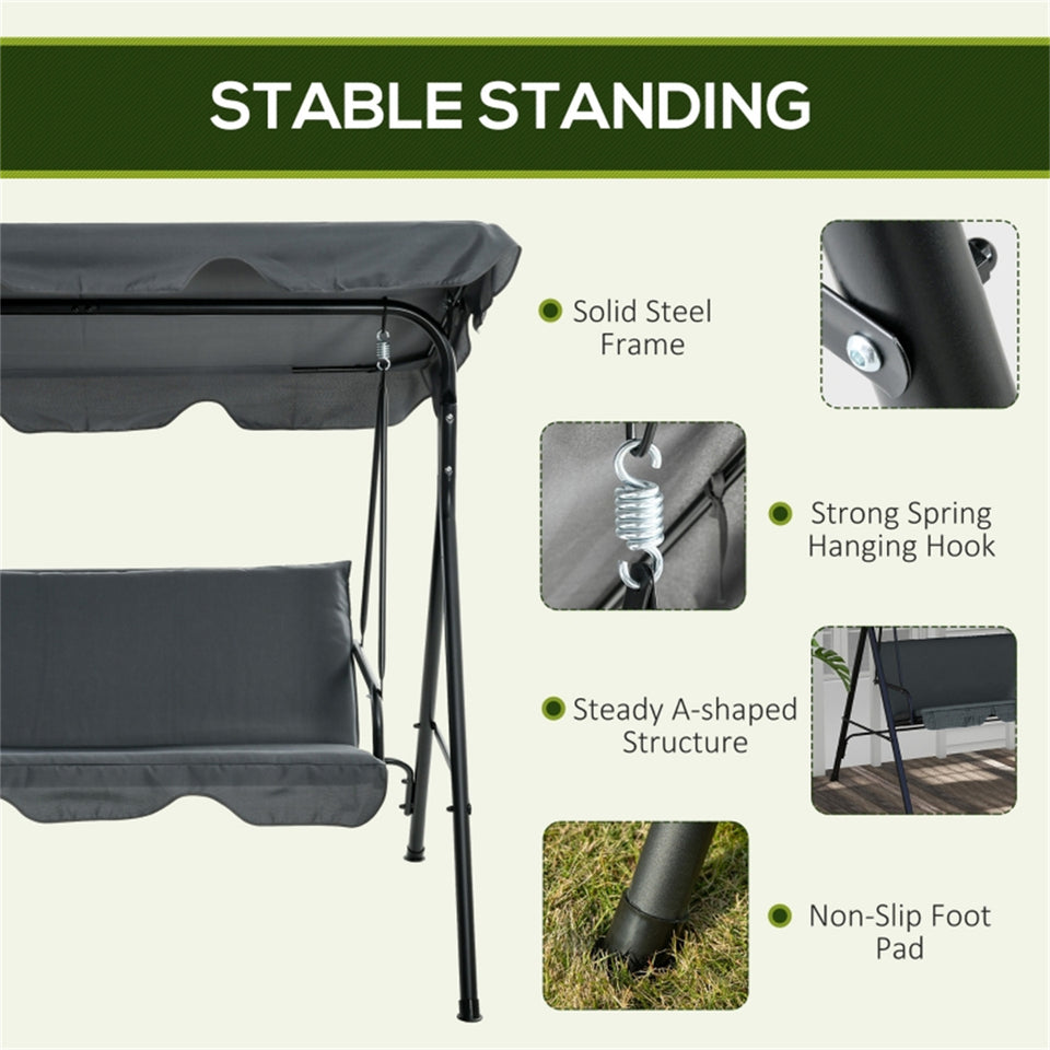 Lavish Kitchen Isle 3-seat outdoor patio swing chair with adjustable canopy, cushions, and anti-slip foot pads in grey.